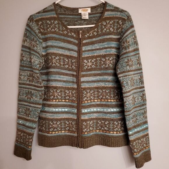 Talbots Lambswool Fair Isle Snowflake Embellished Full Zip Cardigan Size S - Picture 1 of 6